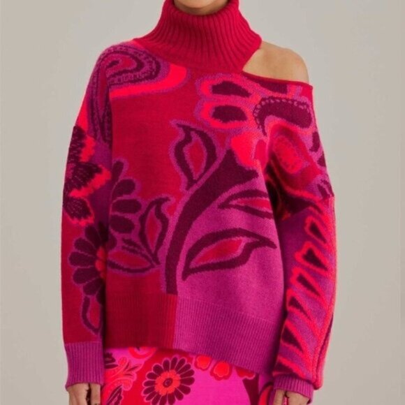 Farm Rio Vibrant Floral Cable Knit Sweater • Pink Botanical Print • Size M - Picture 1 of 8